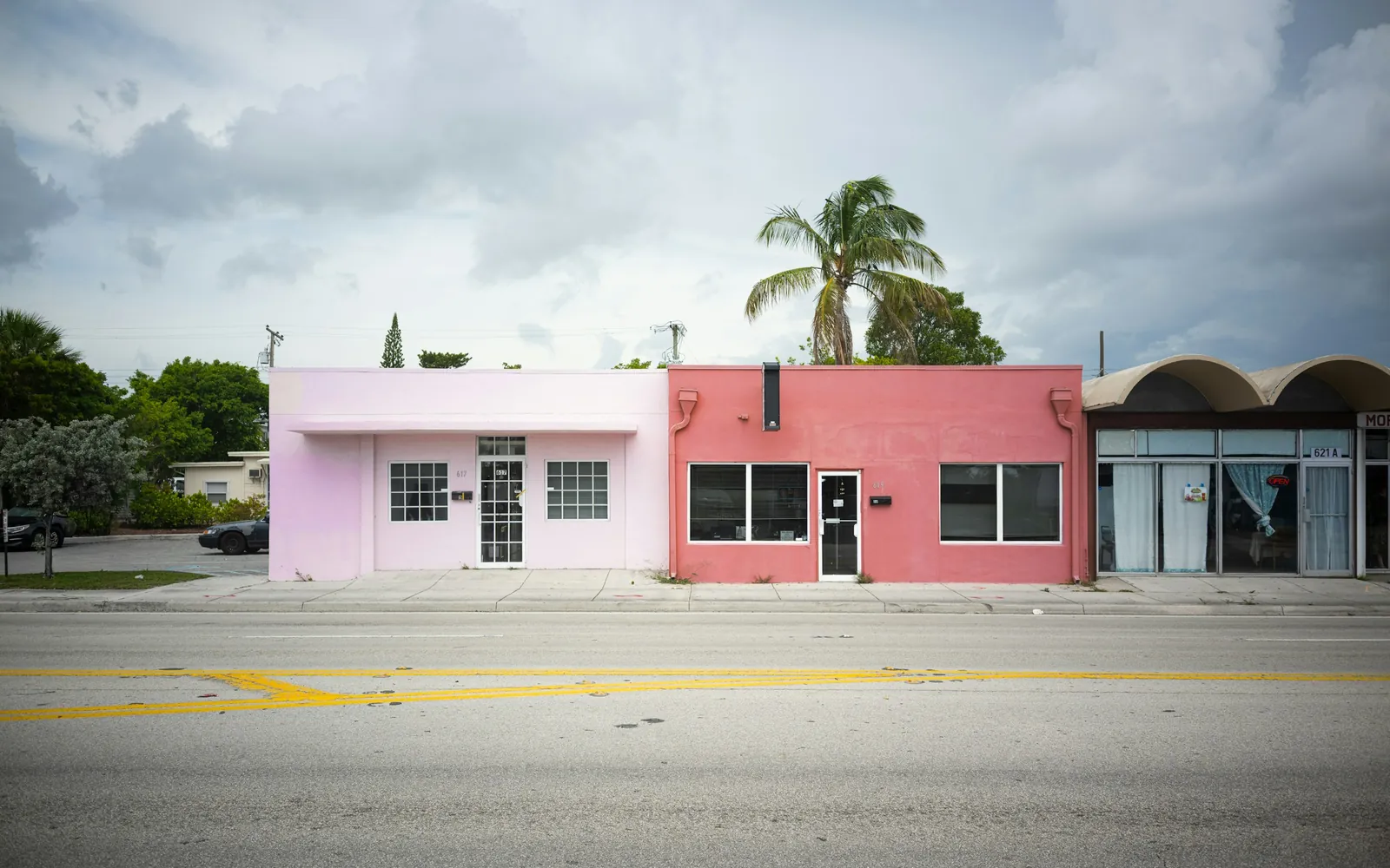 Pastel pink and coral small business storefronts with a palm tree on a South Florida street