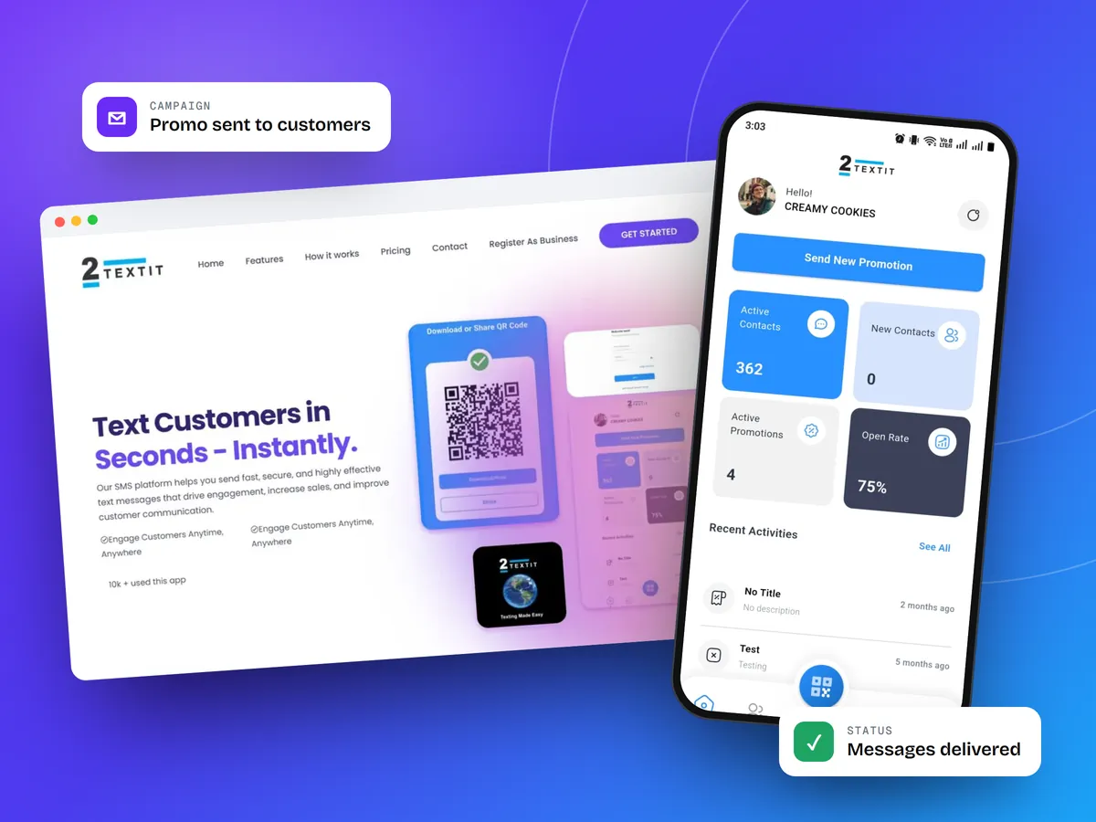 2TextIt SMS marketing web platform and Android app on a violet to blue background