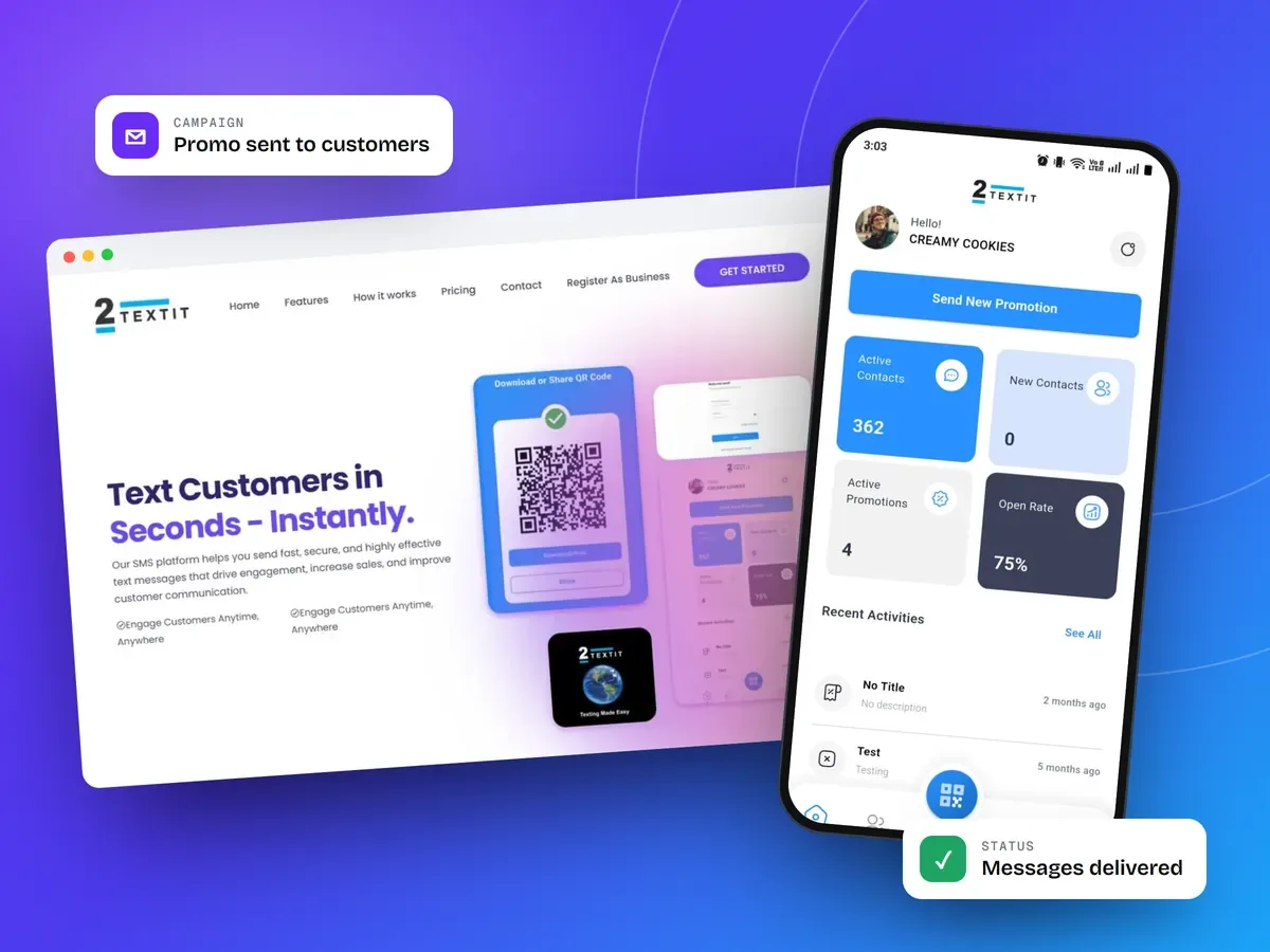 2TextIt SMS marketing web platform and mobile app on a violet to blue background