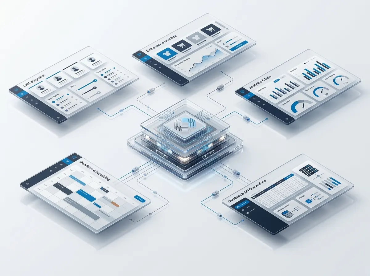CRM, online store, analytics, scheduling and database dashboards connected through one central hub