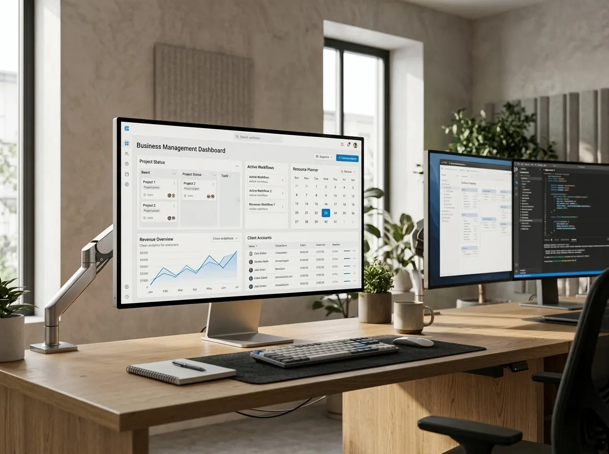 Business management dashboard with project boards, a resource calendar and revenue charts on a desktop monitor