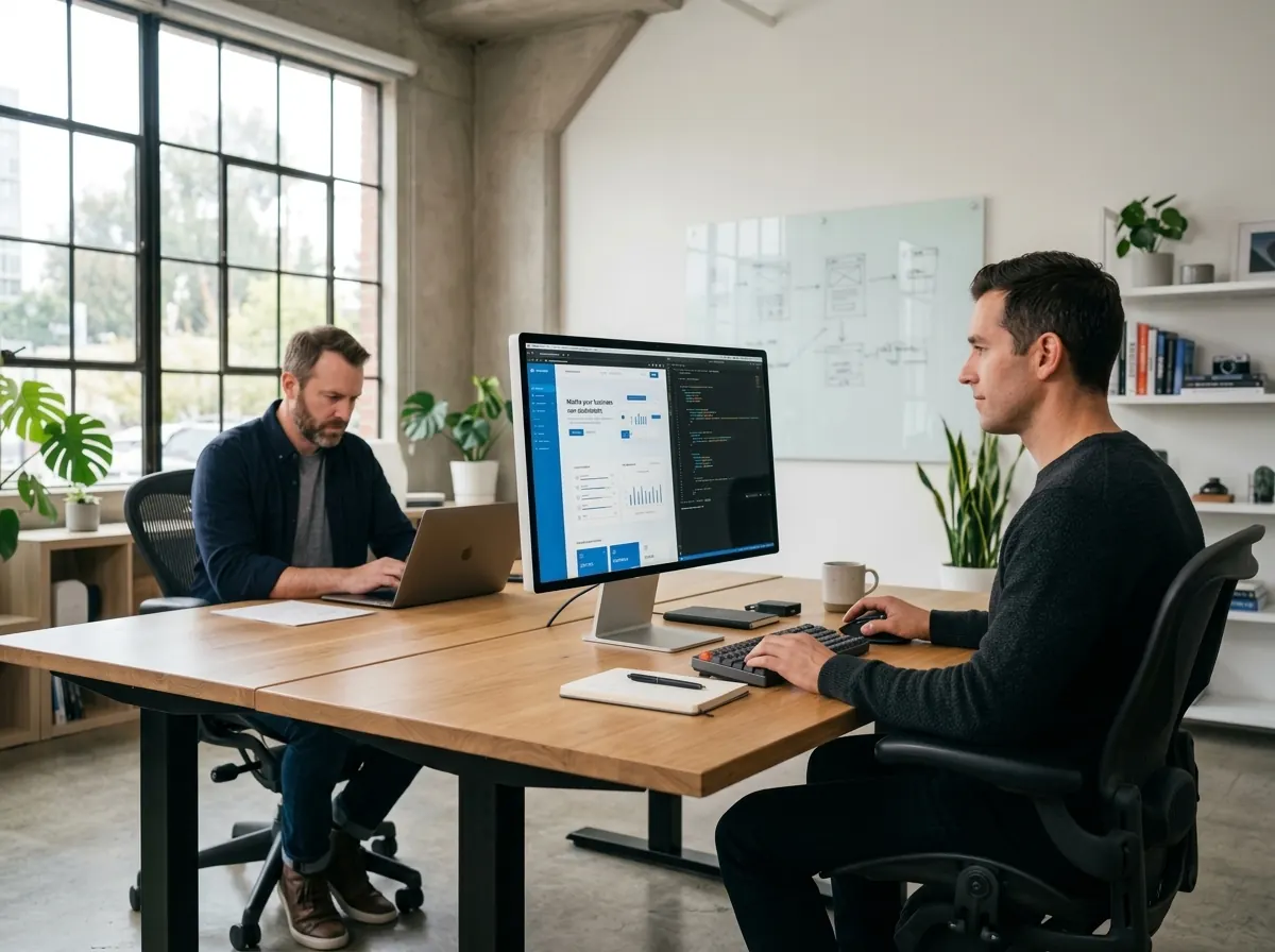 Two developers in a bright studio, one coding at a desktop monitor and one on a laptop, with website wireframes on a glass board behind them