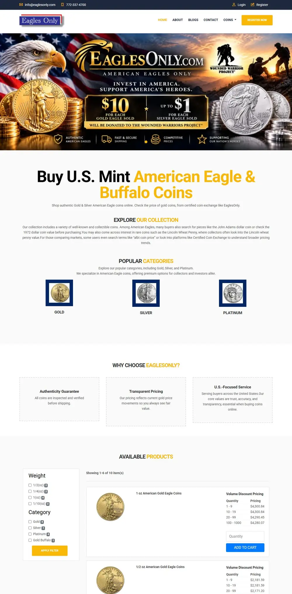 Eagles Only precious metals e-commerce store built by Envizionlab