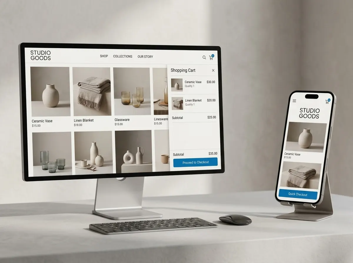 Online store with product listings and a shopping cart on a desktop monitor, with the same store open on a phone