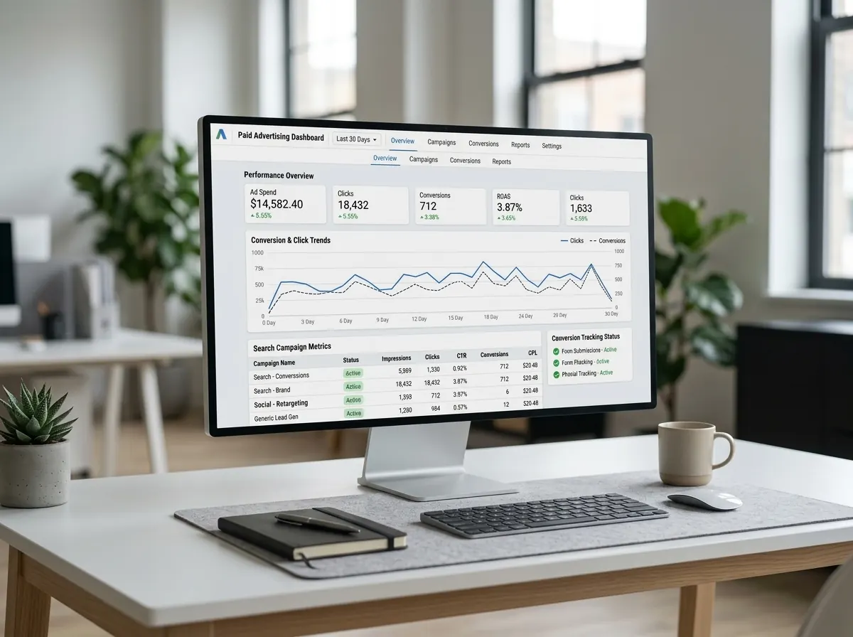 Paid advertising dashboard with ad spend, clicks, conversions and campaign metrics on a desktop monitor