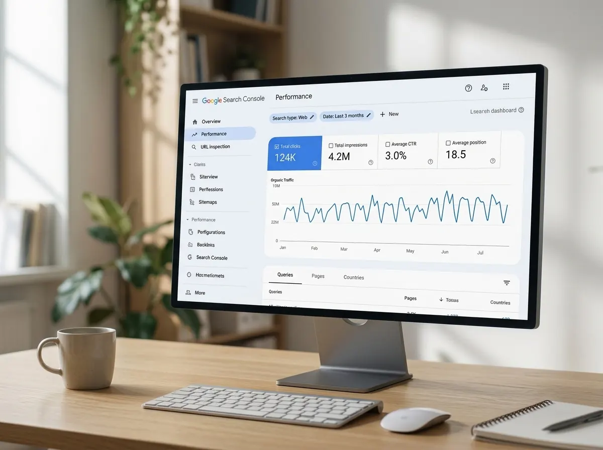 Google Search Console performance report showing clicks, impressions and average position on a desktop monitor