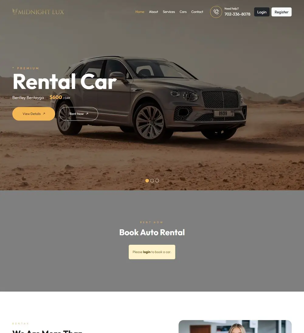 Midnight Lux luxury car rental website built by Envizionlab