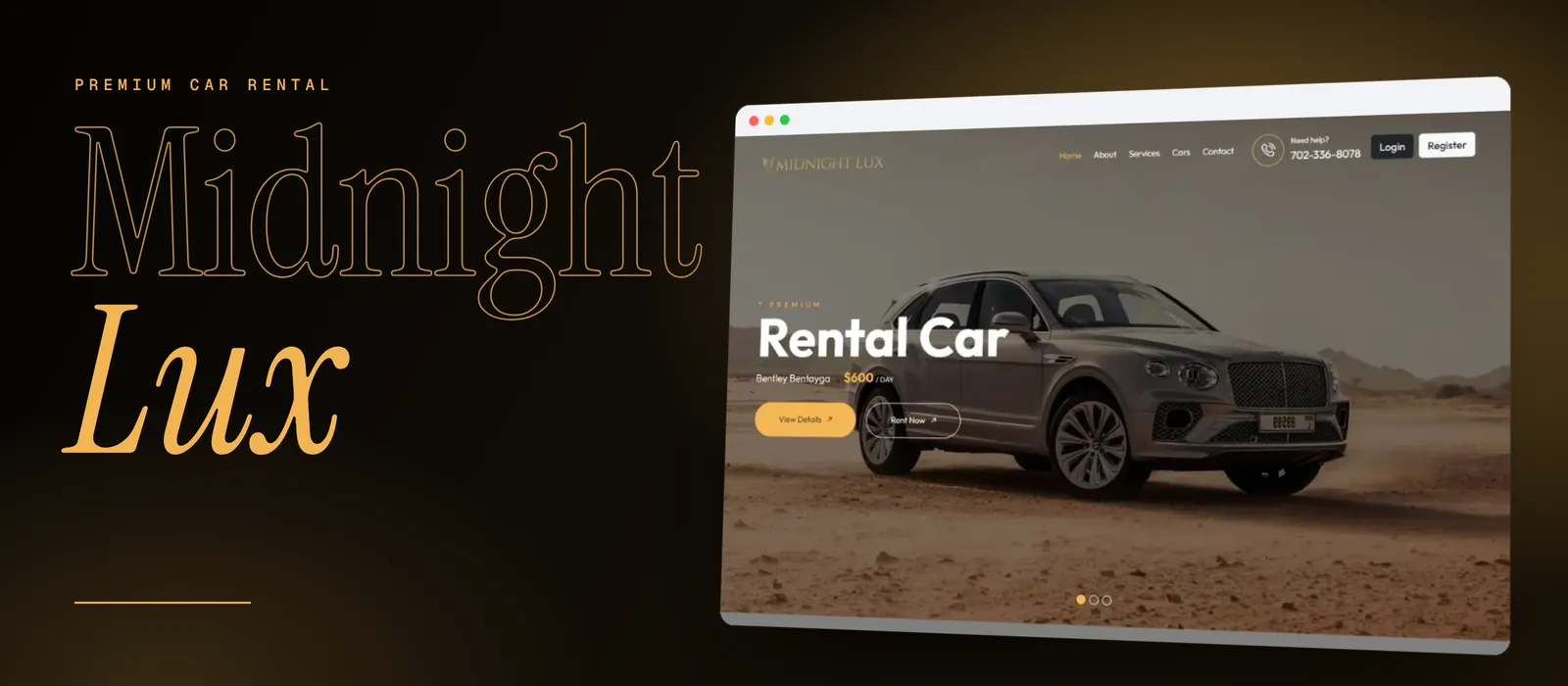Midnight Lux Las Vegas luxury car rental website shown in a browser on a black and gold background