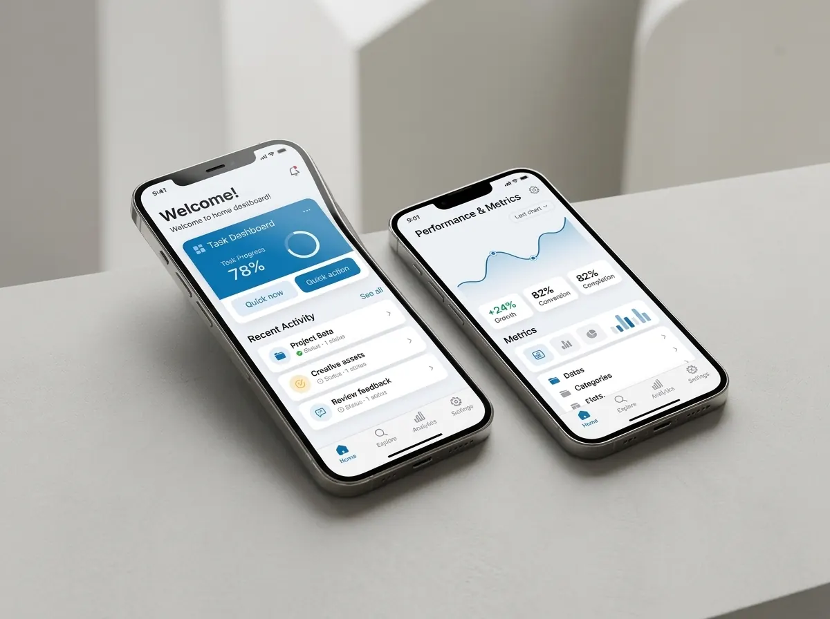 Two smartphones showing a mobile app task dashboard and a performance metrics screen