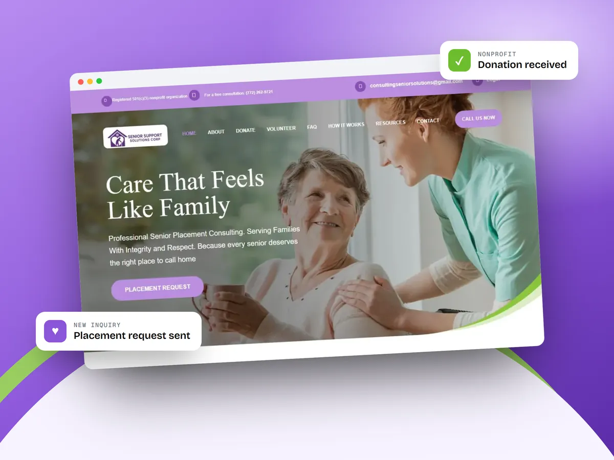 Senior Support Solutions senior placement nonprofit website on a lavender and green background