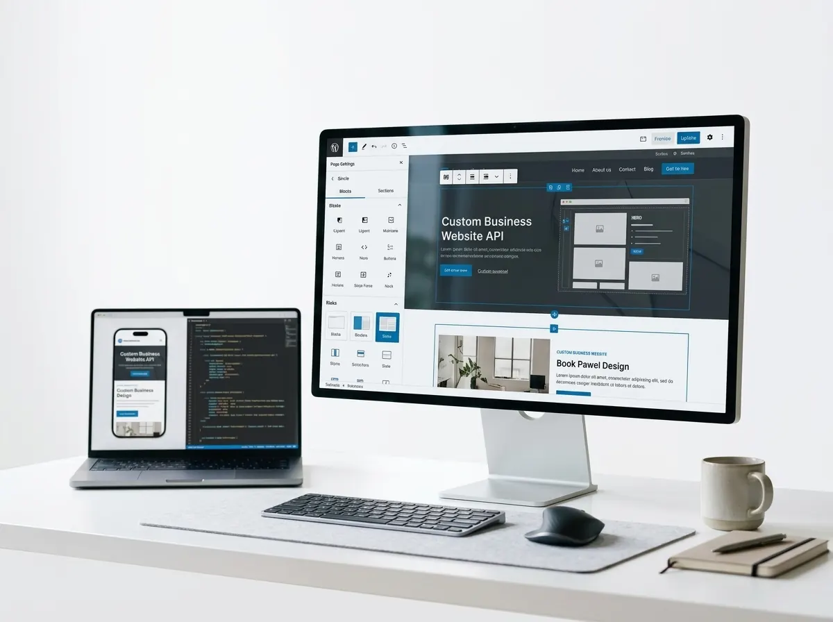 WordPress block editor open on a desktop monitor, with the mobile layout and code of the same website on a laptop